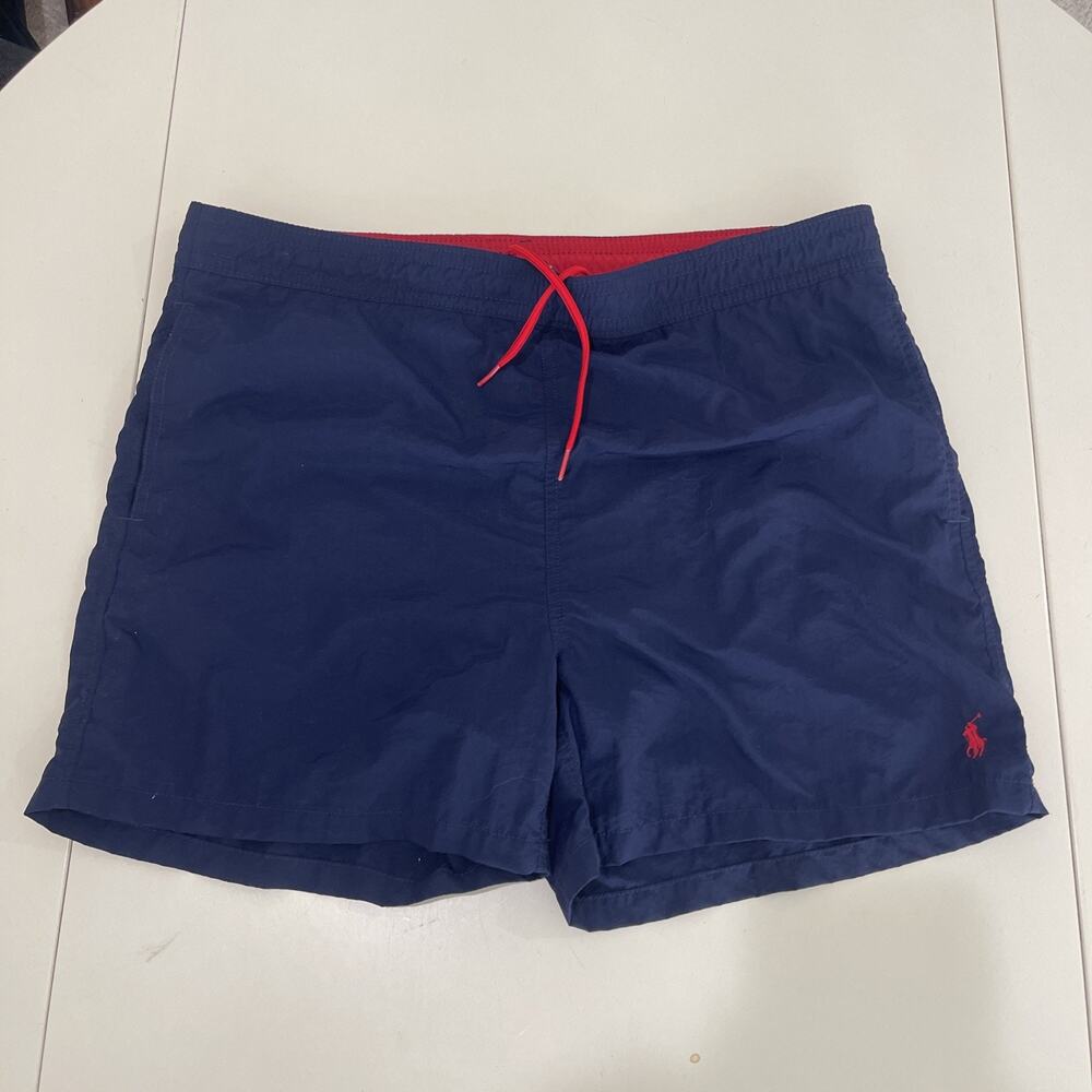 Vtg Polo Ralph Lauren Men Swim Shorts Size Large Pockets Navy Blue Red Pony USA